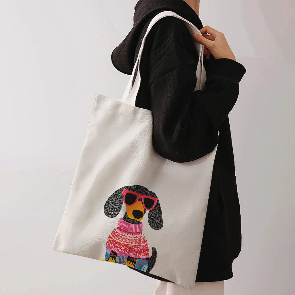 Dachshund Dog Wearing Pink Sunglasses And Knit Sweater Print Tote Bag Large Shoulder Handbag For Shopping Daily Commute