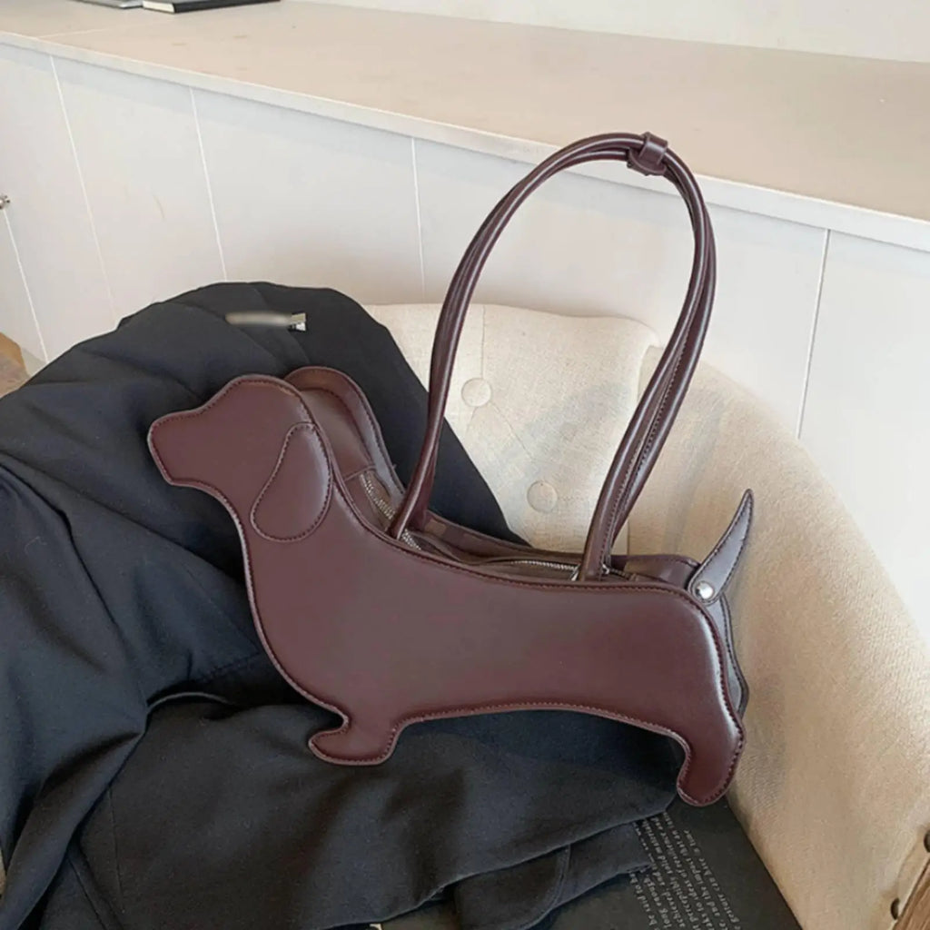 Dachshund Silhouette Women Tote Handbag Faux Leather Dog Purse Novelty Shoulder Bag Stitched Trim for Trendy Outings