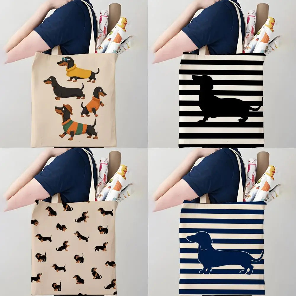 Cute Dachshund Art Canvas Double-Sided Print Tote Bag Large Capacity