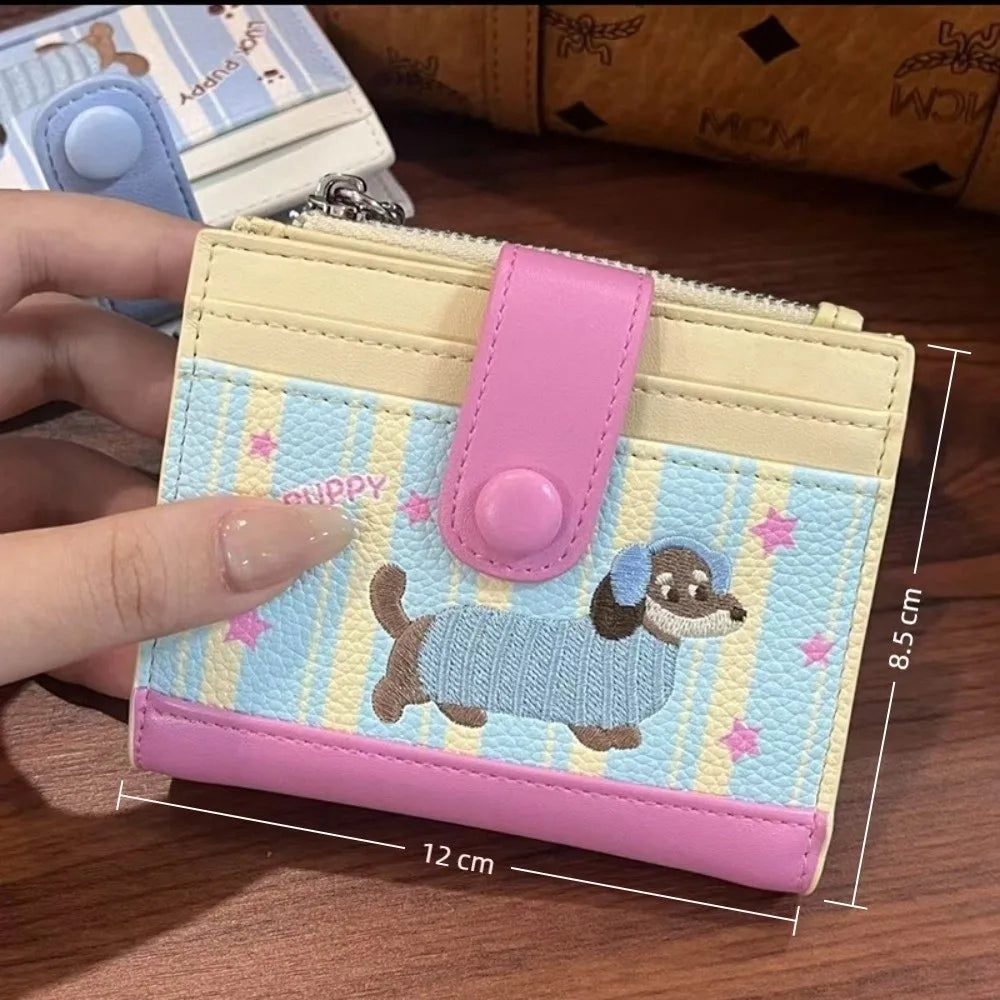 Ins Dachshund Embroidery Short Wallet Dopamine Color Cartoon Dog Card Bag PU Zipper Coin Purse Women Girl