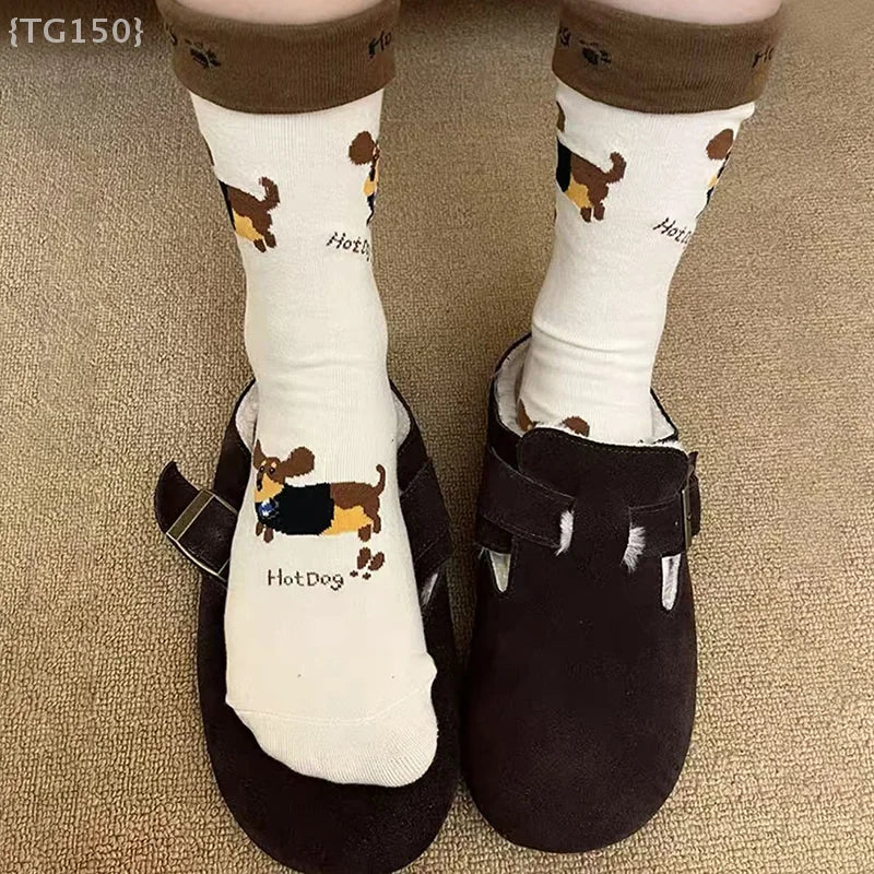 【N】 Funny Dachshund Animal Cotton Socks, Sausage Dog Cartoon Print Autumn Winter Warm Cute Couple Socks
