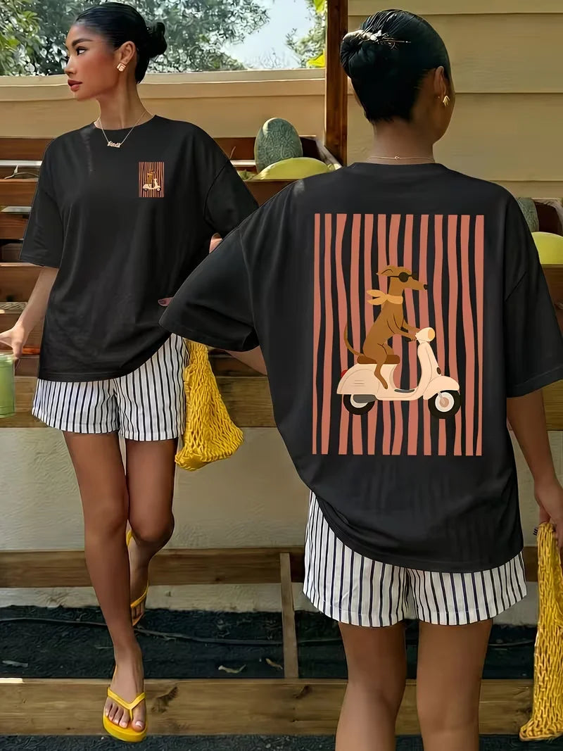 "Dachshund Dog Riding Scooter Graphic Print Short Sleeve T-Shirt Casual Loose Fit Crew Neck Vintage Summer Tee Top for Women"