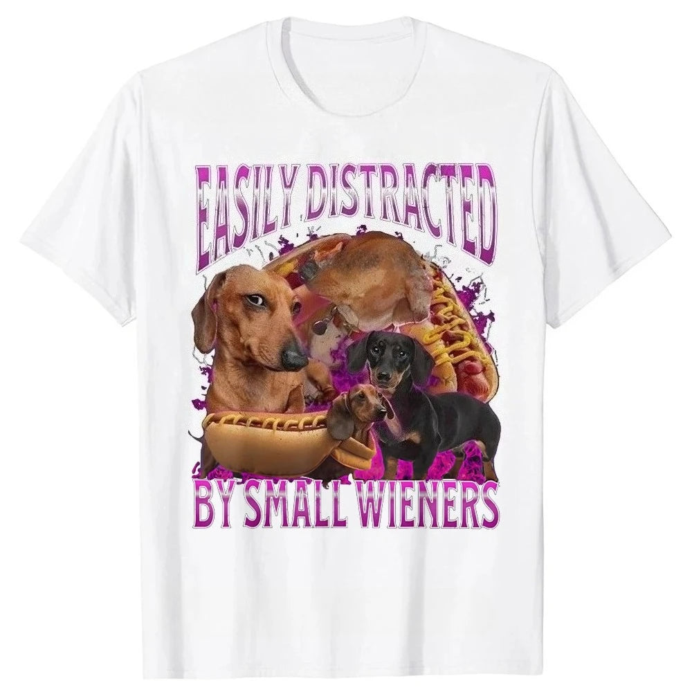 Easily Distracted By Small Wieners Funny Offensive Dachshund T-Shirt Fashion Short Sleeve Tshirt Tops Women Clothing Personality