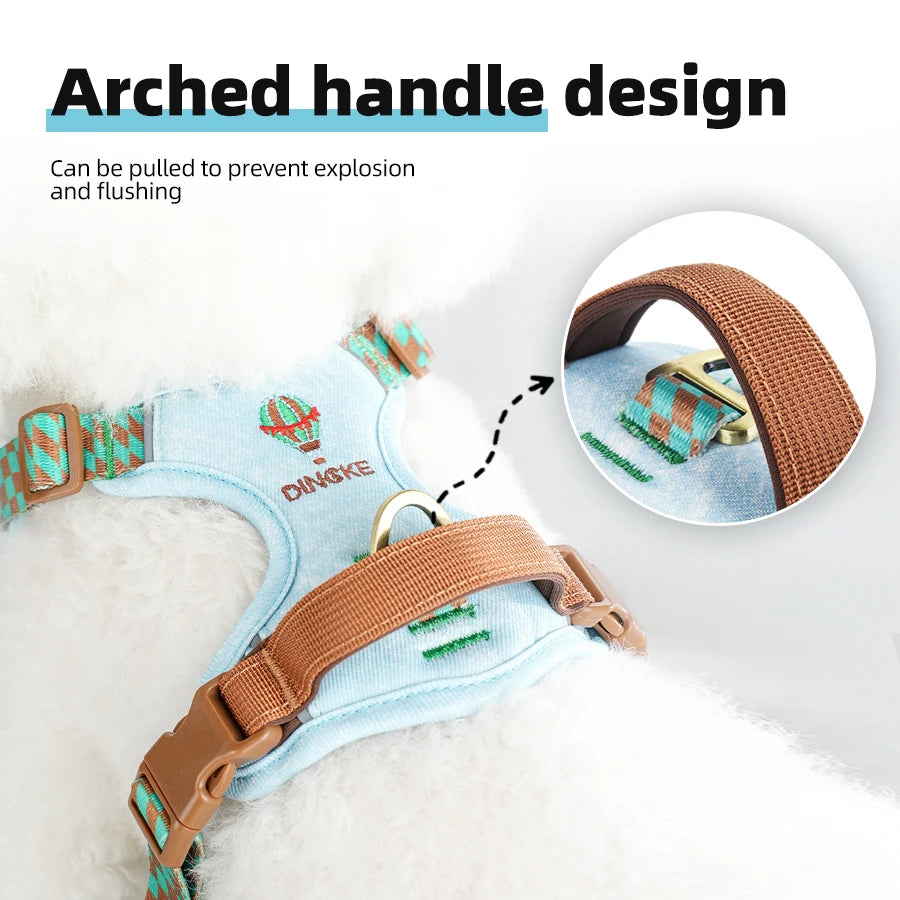 Fashion Denim Dog Harness, No-Pull Front Clip, Adjustable 4 Buckles, Reflective Handle Vest, Breathable Mesh for Small Medium