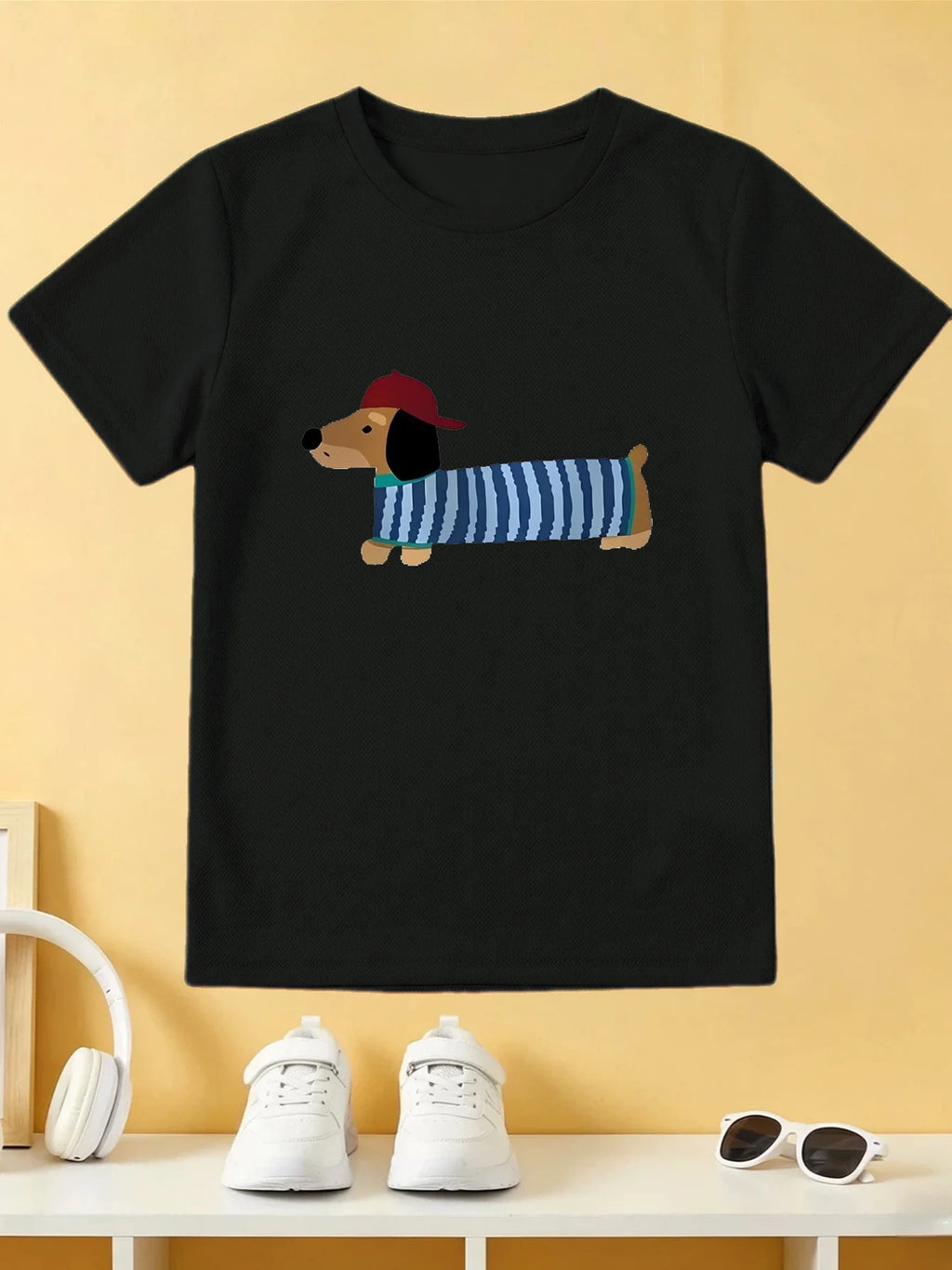 Cartoon Cap Dachshund Dog Tee Striped Puppy Animal Graphic Print Boys Girls Family Matching Cotton Short Sleeve Children Tshirt