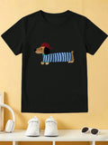 Cartoon Cap Dachshund Dog Tee Striped Puppy Animal Graphic Print Boys Girls Family Matching Cotton Short Sleeve Children Tshirt