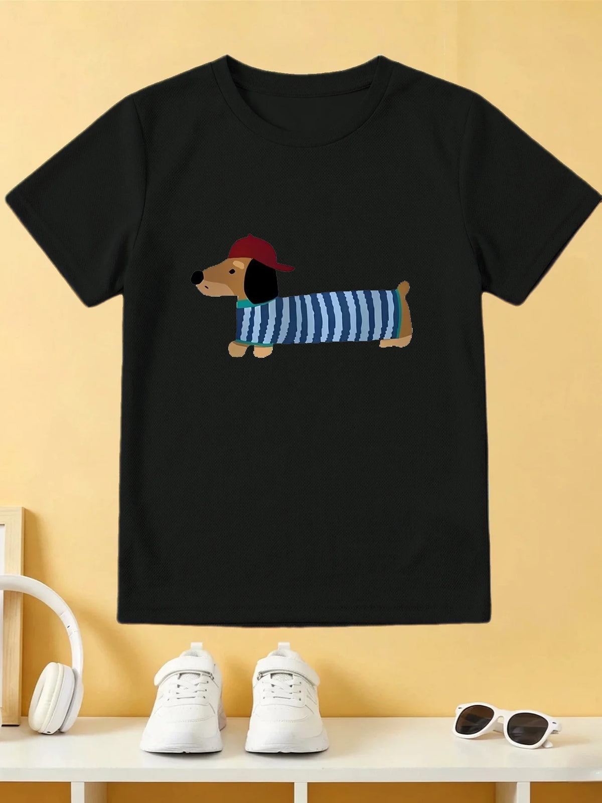 Cartoon Cap Dachshund Dog Tee Striped Puppy Animal Graphic Print Boys Girls Family Matching Cotton Short Sleeve Children Tshirt